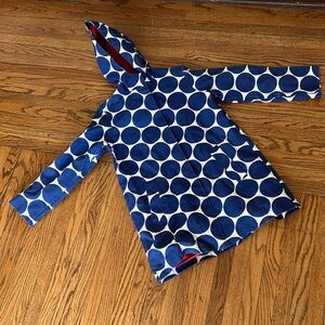 Boden rain coat rain jacket, large blue and white polka dots, women’s size 10